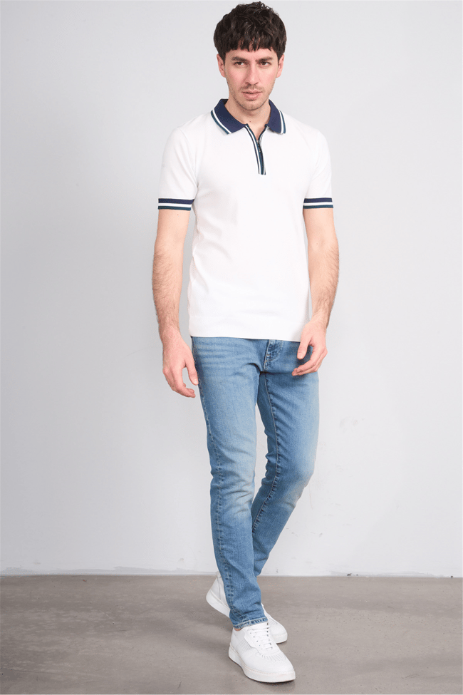 C.K Y26 803 Beyaz Erkek Triko Fermuarlı Polo Yaka Tişört M-Xxl