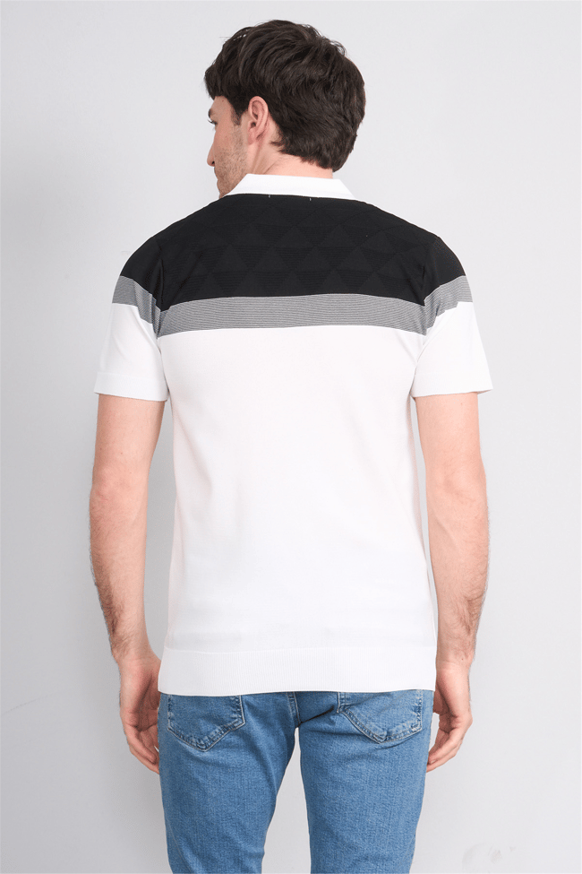 C.K Y26 802 Beyaz Erkek Triko Fermuarlı Desenli Polo Yaka Tişört M-Xxl
