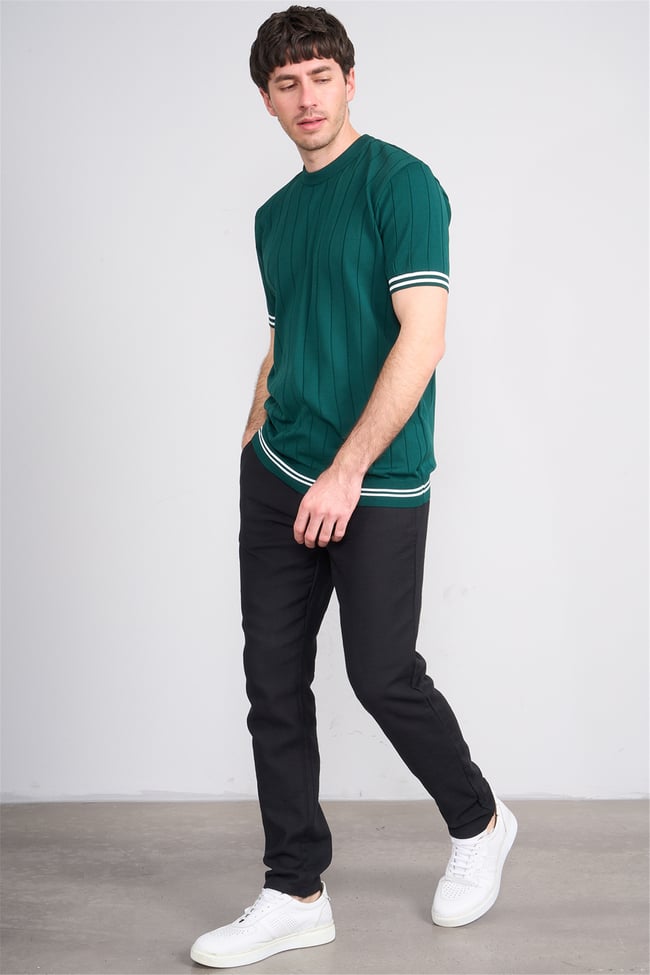 C.K Y26 828 Zümrüt Erkek Triko Bisiklet Yaka Nakış Detaylı Şeritli Tişört M-Xxl