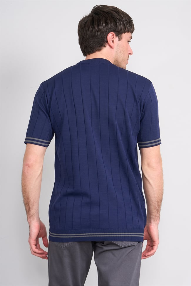 C.K Y26 828 Lacivert Erkek Triko Bisiklet Yaka Nakış Detaylı Şeritli Tişört M-Xxl