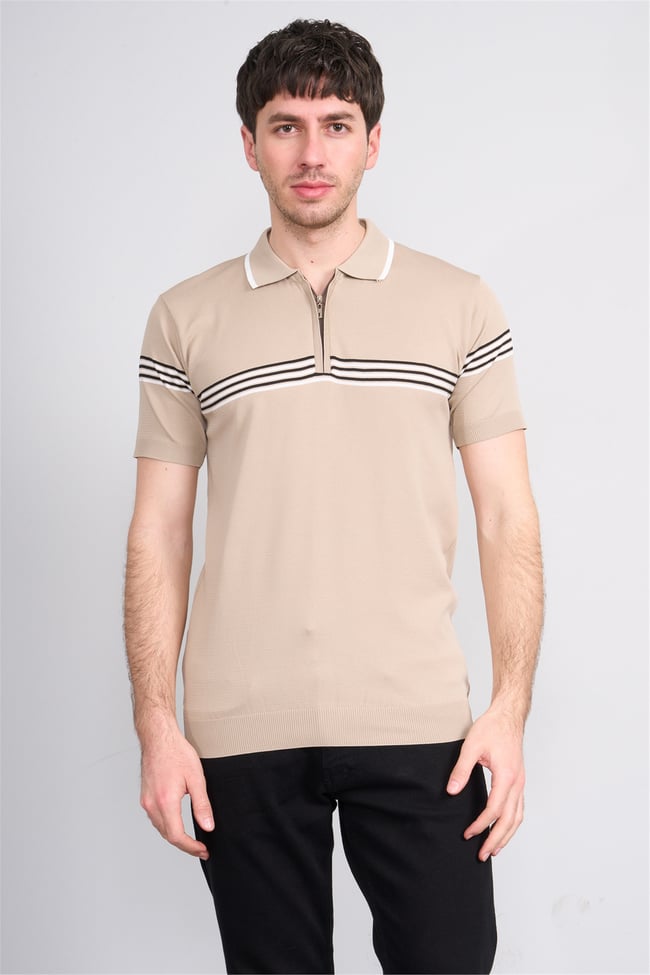 C.K Y26 805 Kahverengi Erkek Triko Fermuarlı Çizgi Detaylı Polo Yaka Tişört M-Xxl