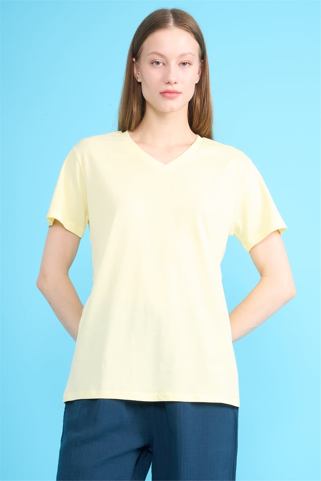 C.K Y26 3265 Fithit Byn V Yk. 30/1 Penye Basic Regular T-shirt Uçuk Sarı