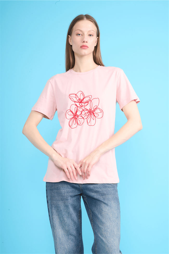 C.K Y26 8903 Fithit Byn B.Yk Regular Nakışlı T-shirt Pudra