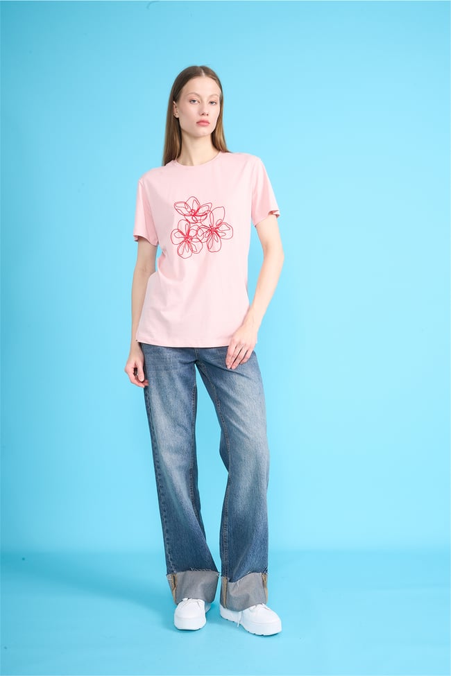 C.K Y26 8903 Fithit Byn B.Yk Regular Nakışlı T-shirt Pudra