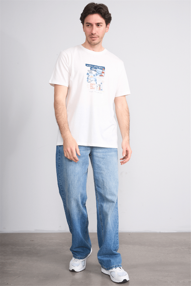 Çetinkaya Chester Polo 4213 Bisiklet Yaka Regular Baskılı T-shirt Krem