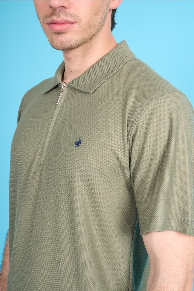 Çetinkaya Chester Polo 4727 Fermuarlı Polo Yaka Regular Jakarlı T-shirt Kirli Yeşil