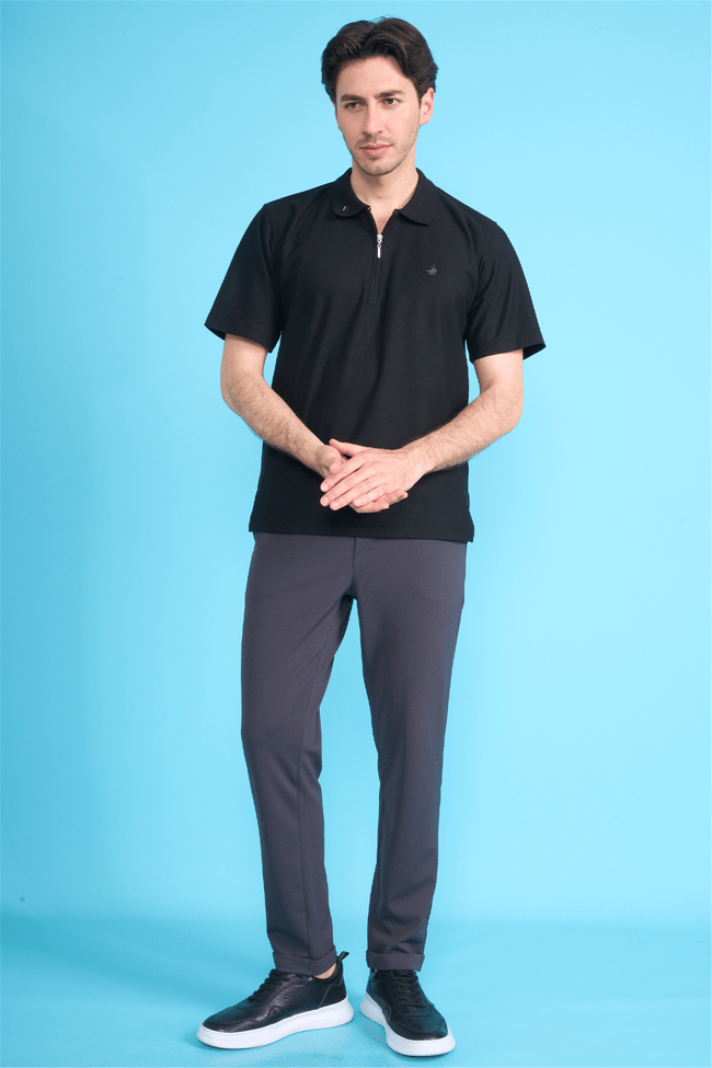 Çetinkaya Chester Polo 4727 Fermuarlı Polo Yaka Regular Jakarlı T-shirt Siyah