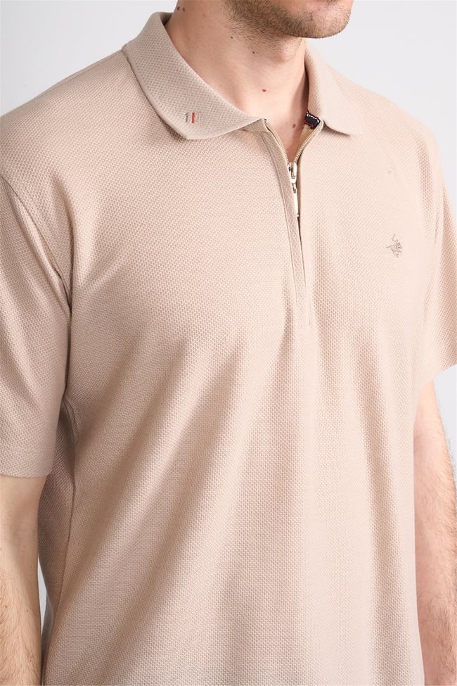 Çetinkaya Chester Polo 4727 Fermuarlı Polo Yaka Regular Jakarlı T-shirt Bej