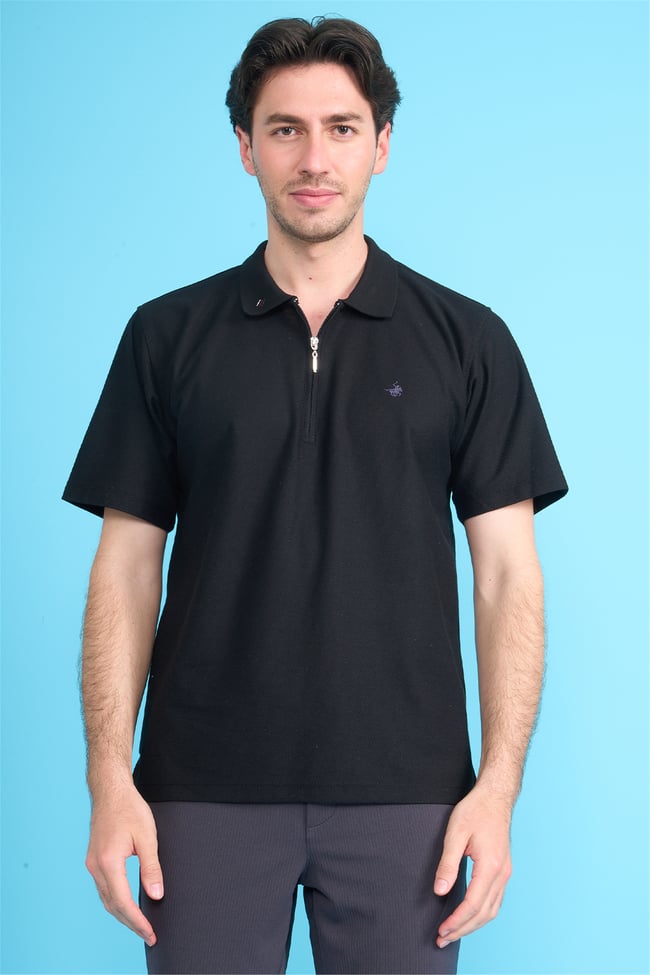 Çetinkaya Chester Polo 4727 Fermuarlı Polo Yaka Regular Jakarlı T-shirt Siyah