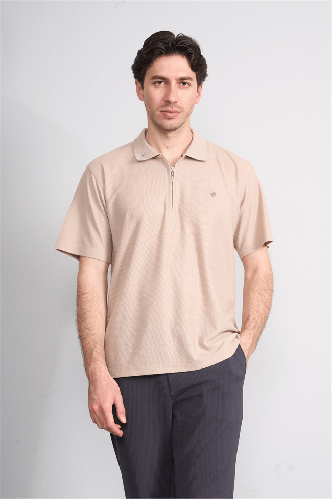 Çetinkaya Chester Polo 4727 Fermuarlı Polo Yaka Regular Jakarlı T-shirt Bej