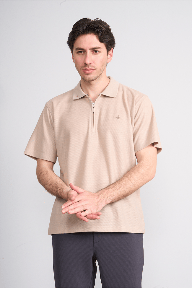 Çetinkaya Chester Polo 4727 Fermuarlı Polo Yaka Regular Jakarlı T-shirt Bej