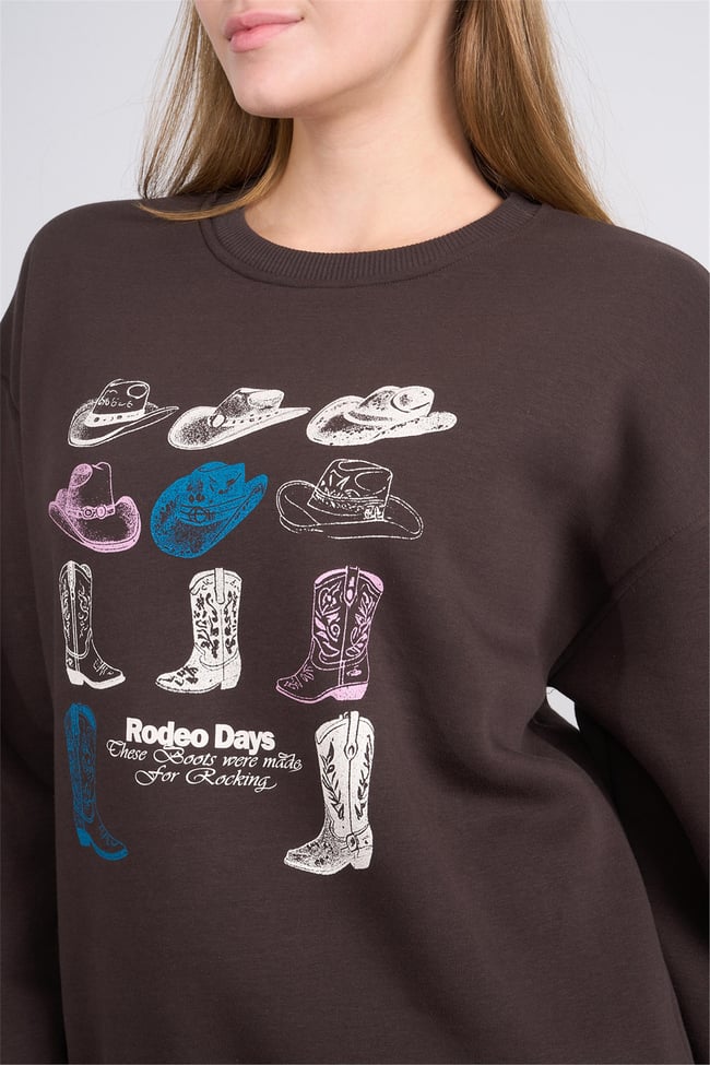 Çetinkaya Fithit 8395 Kadın Bisiklet Yaka 3 İplik Oversize Baskılı Sweatshirt Kahve