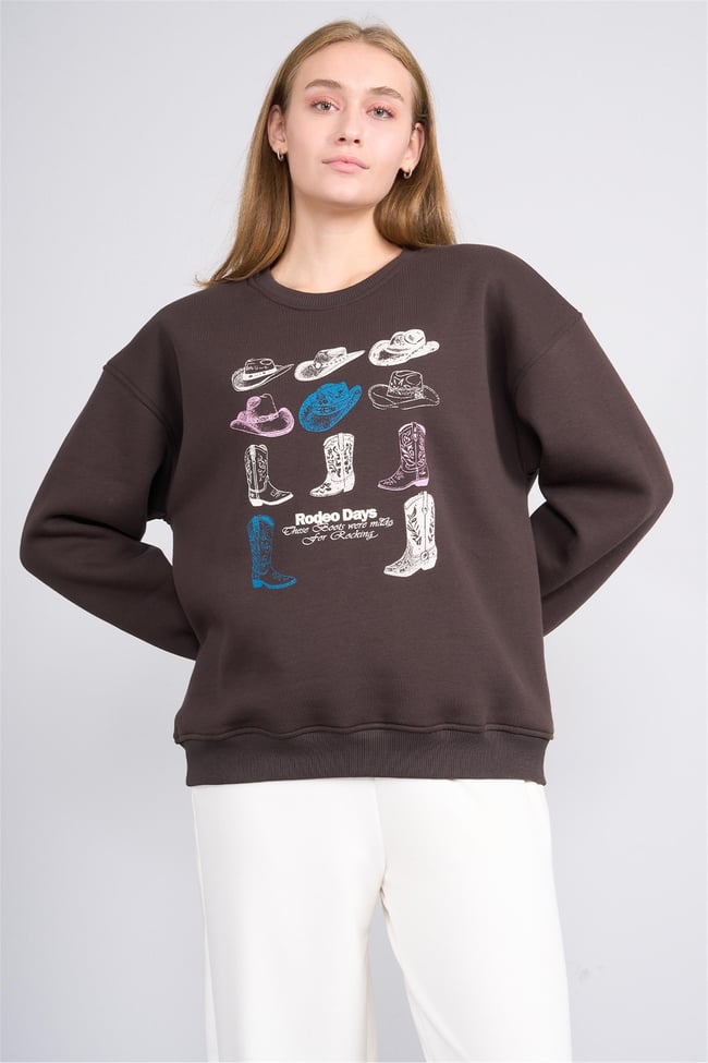 Çetinkaya Fithit 8395 Kadın Bisiklet Yaka 3 İplik Oversize Baskılı Sweatshirt Kahve