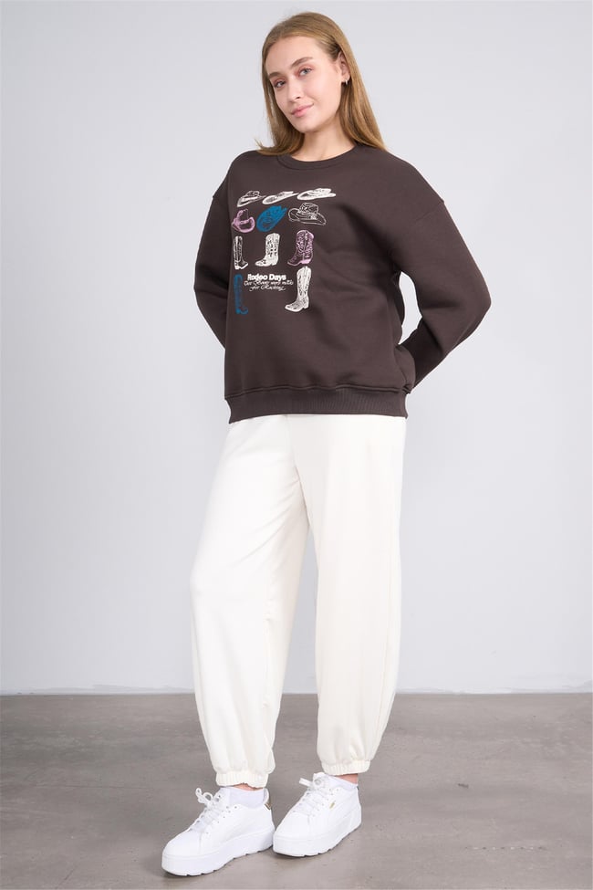 Çetinkaya Fithit 8395 Kadın Bisiklet Yaka 3 İplik Oversize Baskılı Sweatshirt Kahve