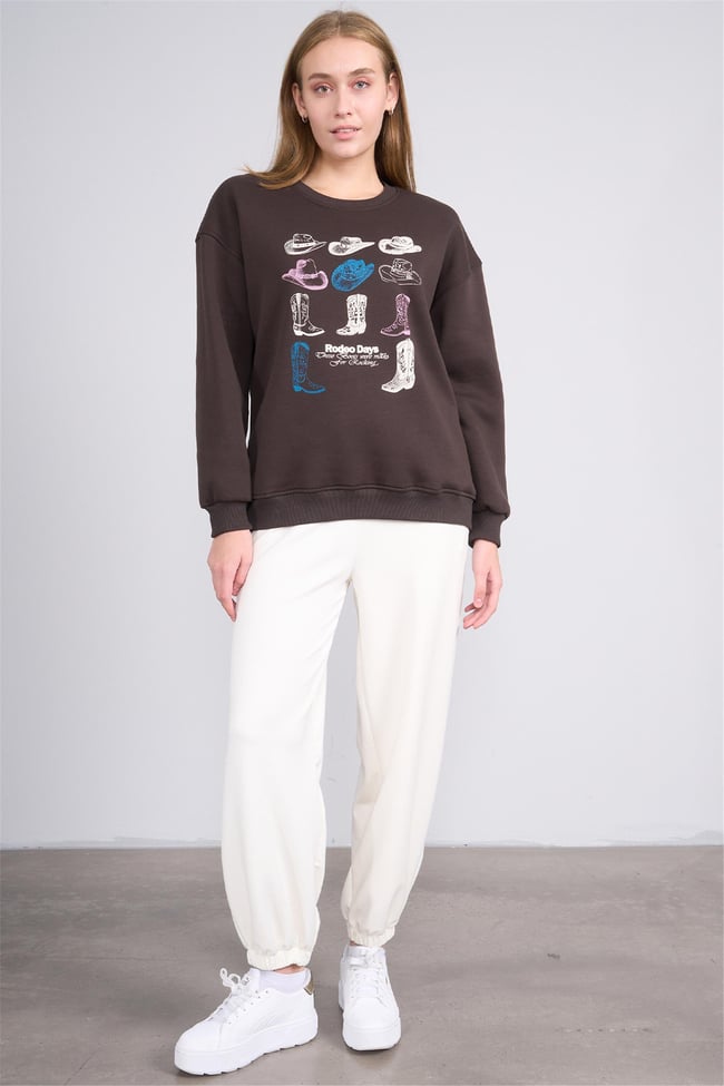 Çetinkaya Fithit 8395 Kadın Bisiklet Yaka 3 İplik Oversize Baskılı Sweatshirt Kahve