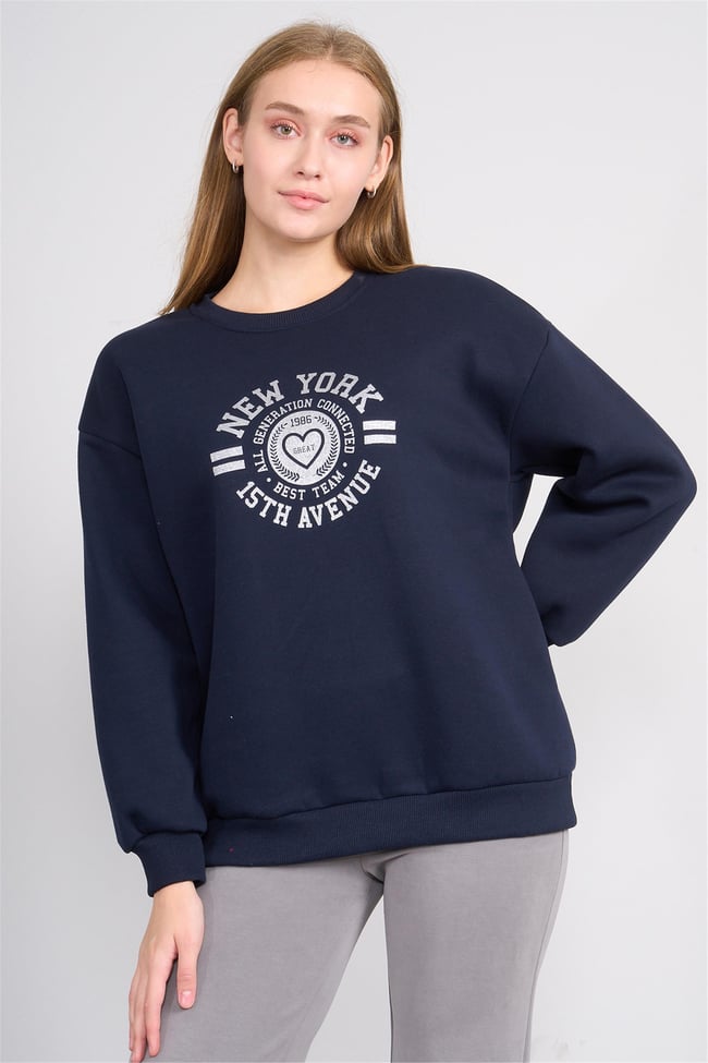 Çetinkaya Fithit 8568 Kadın Bisiklet Yaka 3 İplik Oversize Baskılı Sweatshirt Lacivert