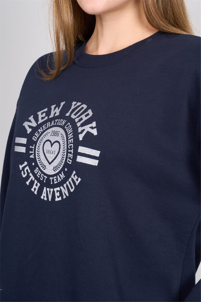 Çetinkaya Fithit 8568 Kadın Bisiklet Yaka 3 İplik Oversize Baskılı Sweatshirt Lacivert