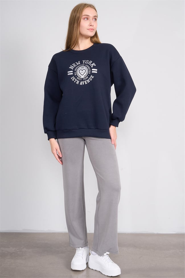 Çetinkaya Fithit 8568 Kadın Bisiklet Yaka 3 İplik Oversize Baskılı Sweatshirt Lacivert