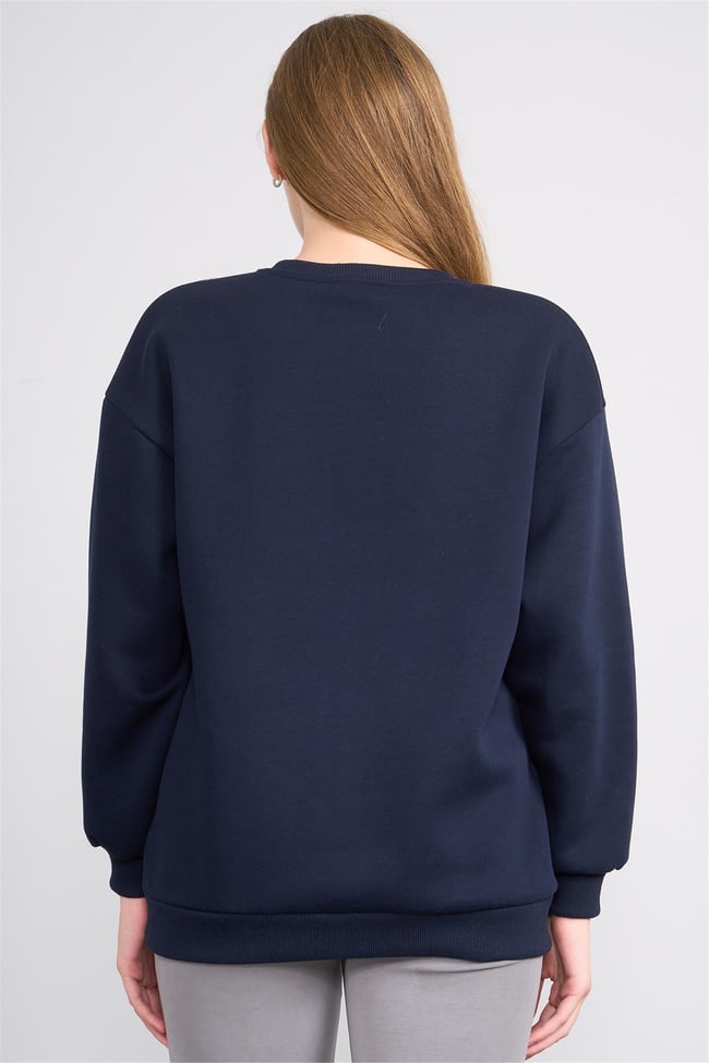Çetinkaya Fithit 8568 Kadın Bisiklet Yaka 3 İplik Oversize Baskılı Sweatshirt Lacivert