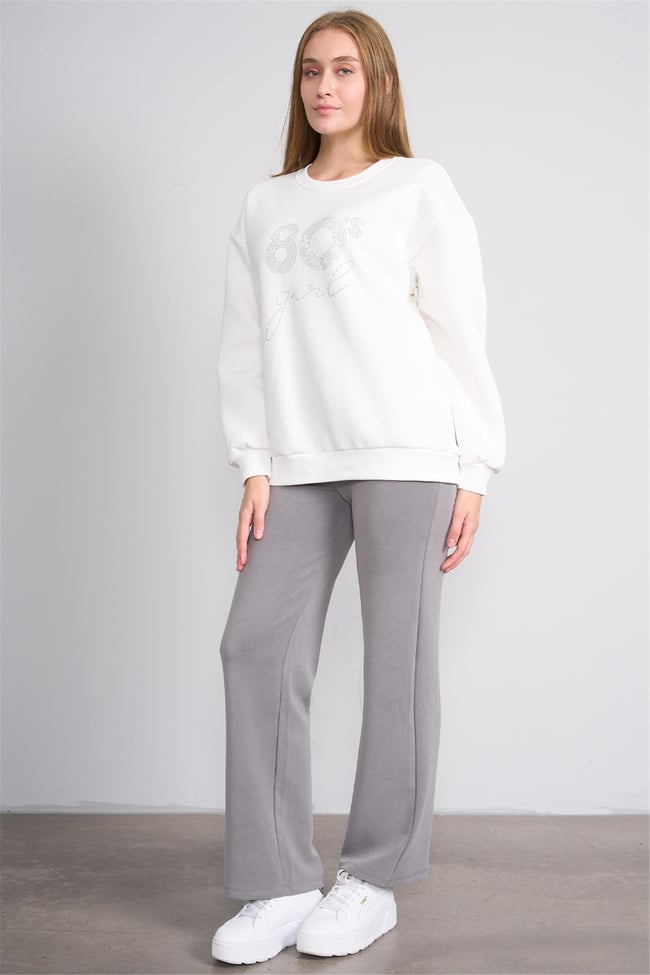 Çetinkaya Fithit 8600 Kadın Bisiklet Yaka 3 İplik Oversize Baskılı Sweatshirt Krem