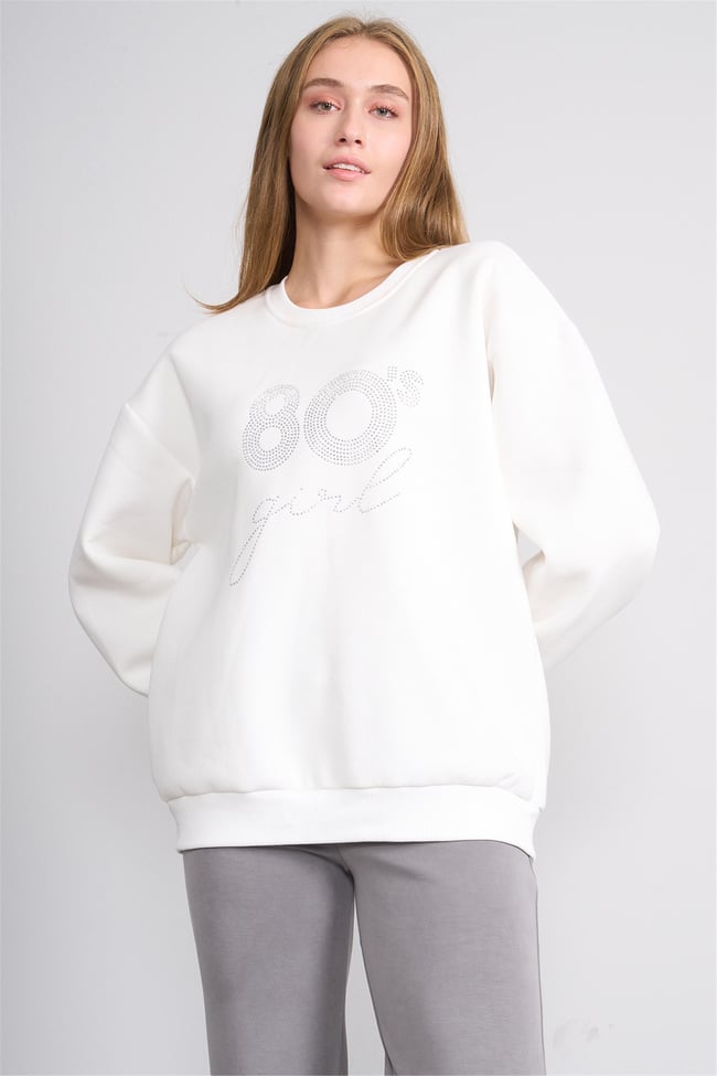 Çetinkaya Fithit 8600 Kadın Bisiklet Yaka 3 İplik Oversize Baskılı Sweatshirt Krem