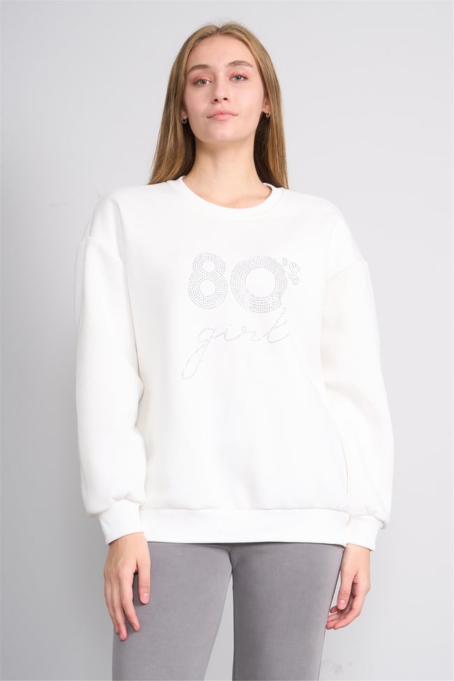 Çetinkaya Fithit 8600 Kadın Bisiklet Yaka 3 İplik Oversize Baskılı Sweatshirt Krem