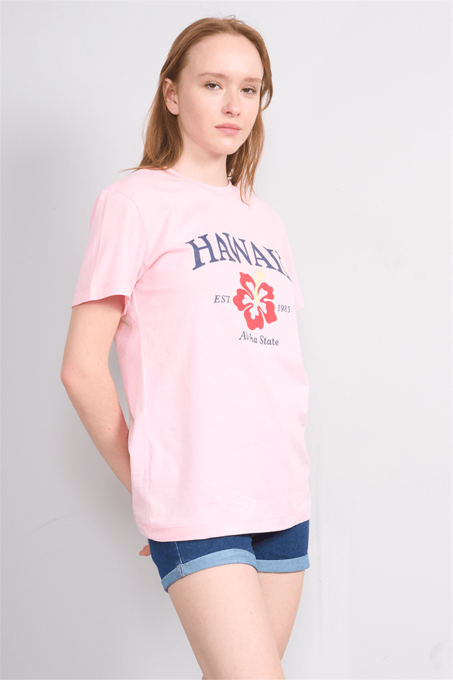 Çetinkaya Fithit 8868 Bayan Bisiklet Yaka Regular Baskılı T-shirt Açık Pembe