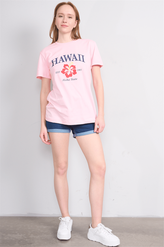 Çetinkaya Fithit 8868 Bayan Bisiklet Yaka Regular Baskılı T-shirt Açık Pembe