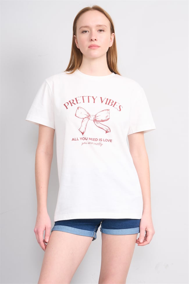 Çetinkaya Fithit 8878 Bayan Bisiklet Yaka Regular Baskılı T-shirt Krem