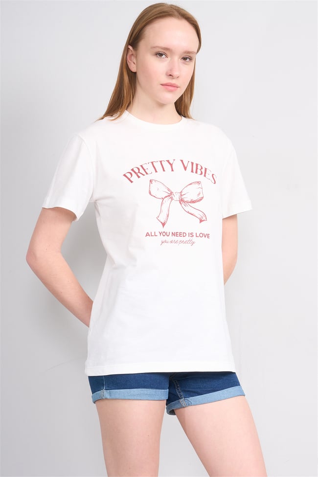 Çetinkaya Fithit 8878 Bayan Bisiklet Yaka Regular Baskılı T-shirt Krem