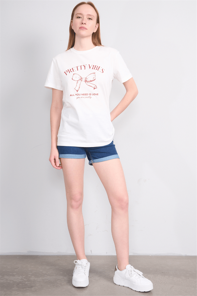 Çetinkaya Fithit 8878 Bayan Bisiklet Yaka Regular Baskılı T-shirt Krem