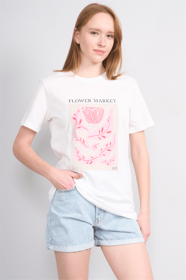 Çetinkaya Fithit 8885 Bayan Bisiklet Yaka Regular Baskılı T-shirt Krem