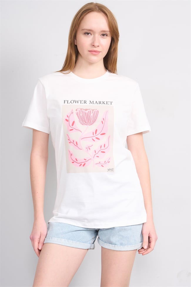 Çetinkaya Fithit 8885 Bayan Bisiklet Yaka Regular Baskılı T-shirt Krem