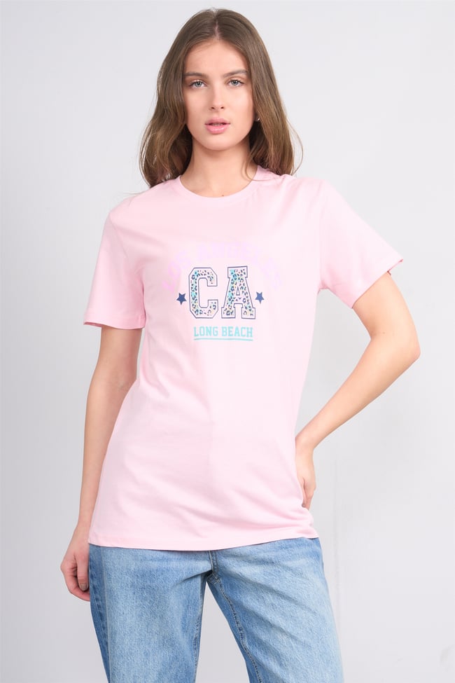 Çetinkaya Fithit 8892 Bayan Bisiklet Yaka Regular Baskılı T-shirt Açık Pembe