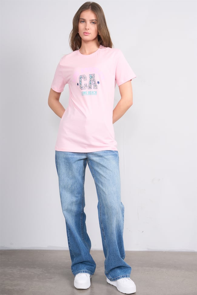 Çetinkaya Fithit 8892 Bayan Bisiklet Yaka Regular Baskılı T-shirt Açık Pembe