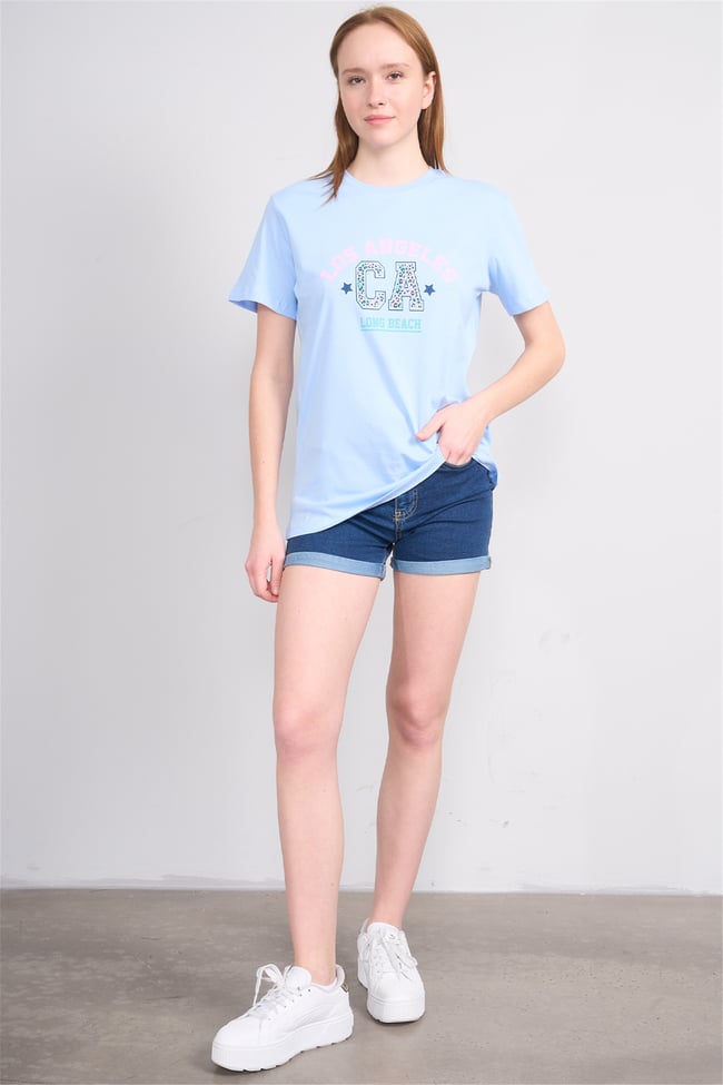 Çetinkaya Fithit 8892 Bayan Bisiklet Yaka Regular Baskılı T-shirt Bebe Mavi