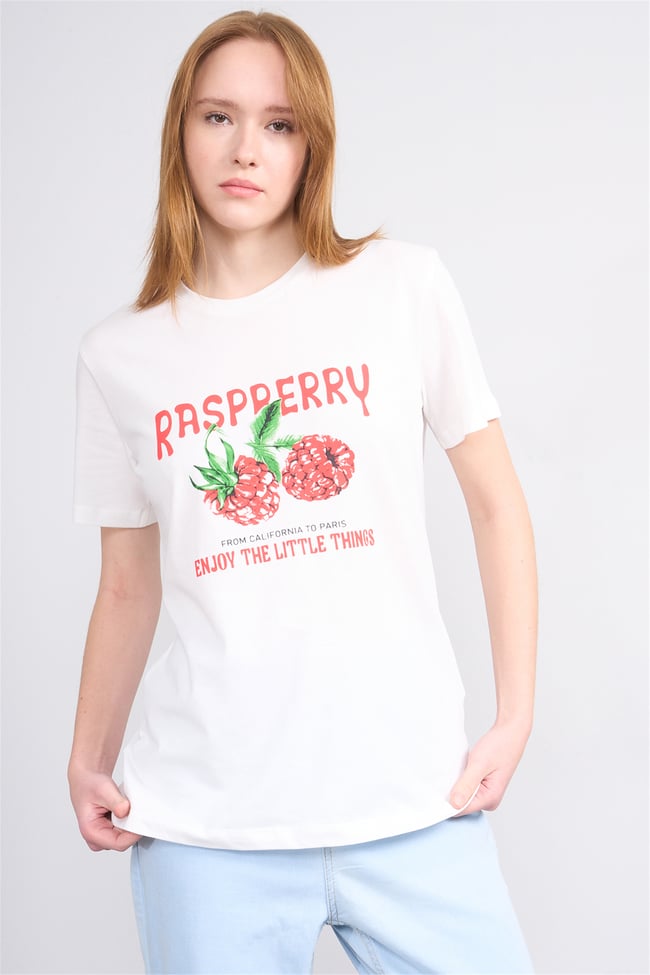 Çetinkaya Fithit 8896 Bayan Bisiklet Yaka Regular Baskılı T-shirt Krem