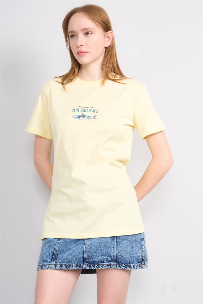 Çetinkaya Fithit 8914 Bayan Bisiklet Yaka Oversize Baskılı T-shirt Uçuk Sarı