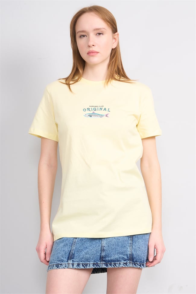 Çetinkaya Fithit 8914 Bayan Bisiklet Yaka Oversize Baskılı T-shirt Uçuk Sarı