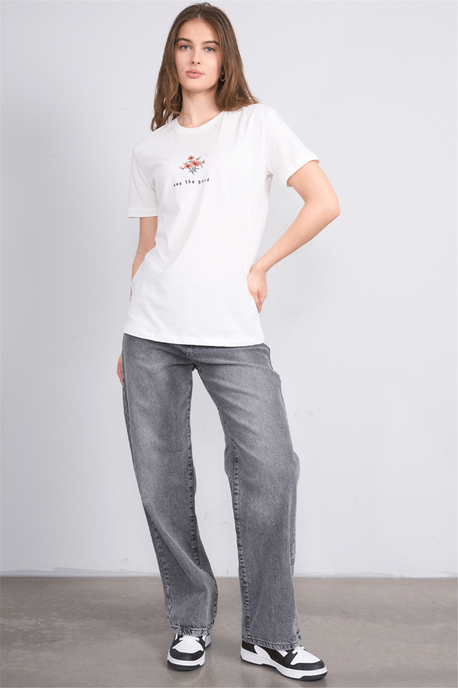 C.K Y26 8950 Fithit Byn B.Yk Regular Nakışlı T-shirt Krem