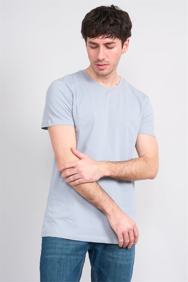 Çetinkaya Mentality 2772 Bisiklet Yaka Slimfit Basic T-shirt Düz Açık Gri