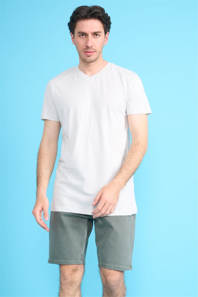 Çetinkaya Mentality 2772 V Yaka Slimfit Basic T-shirt Taş