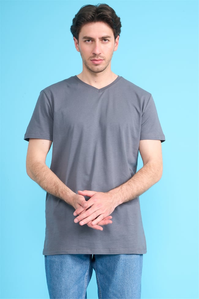 Çetinkaya Mentality 2772 V Yaka Slimfit Basic T-shirt Düz Koyu Gri