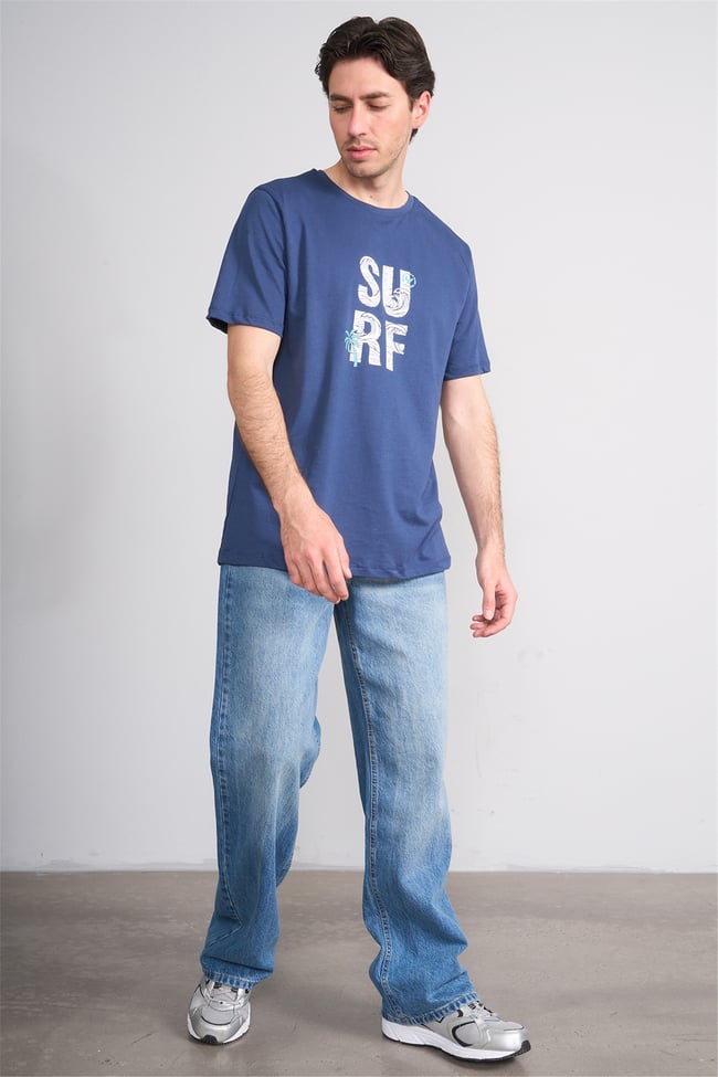 Çetinkaya Mentality 4246 Bisiklet Yaka Regular Baskılı T-shirt İndigo