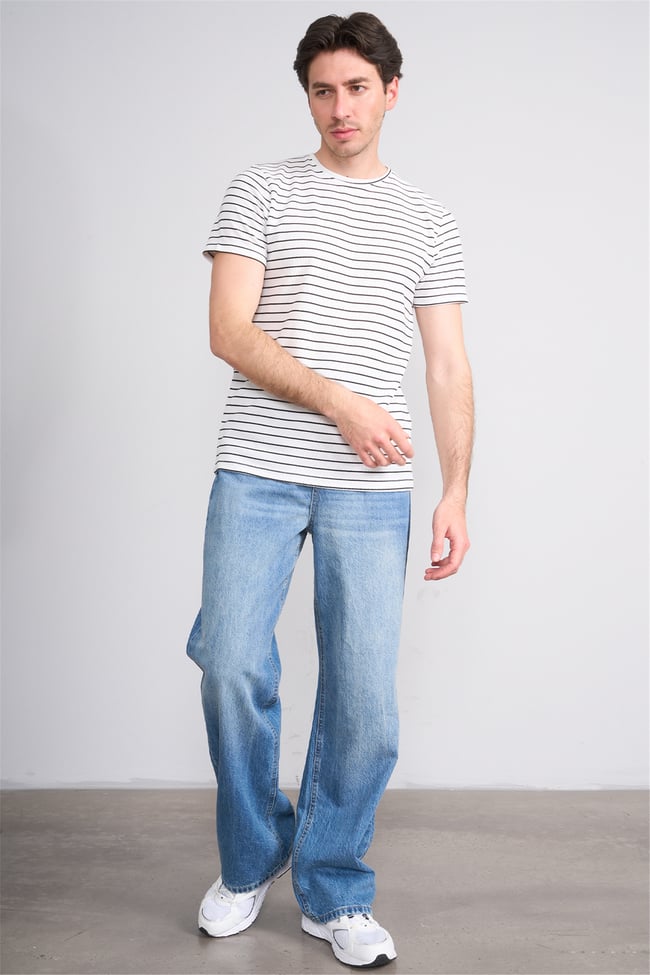 Çetinkaya Mentality 4540 Bisiklet Yaka Regular Çizgili T-shirt Beyaz