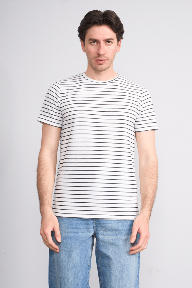 Çetinkaya Mentality 4540 Bisiklet Yaka Regular Çizgili T-shirt Beyaz