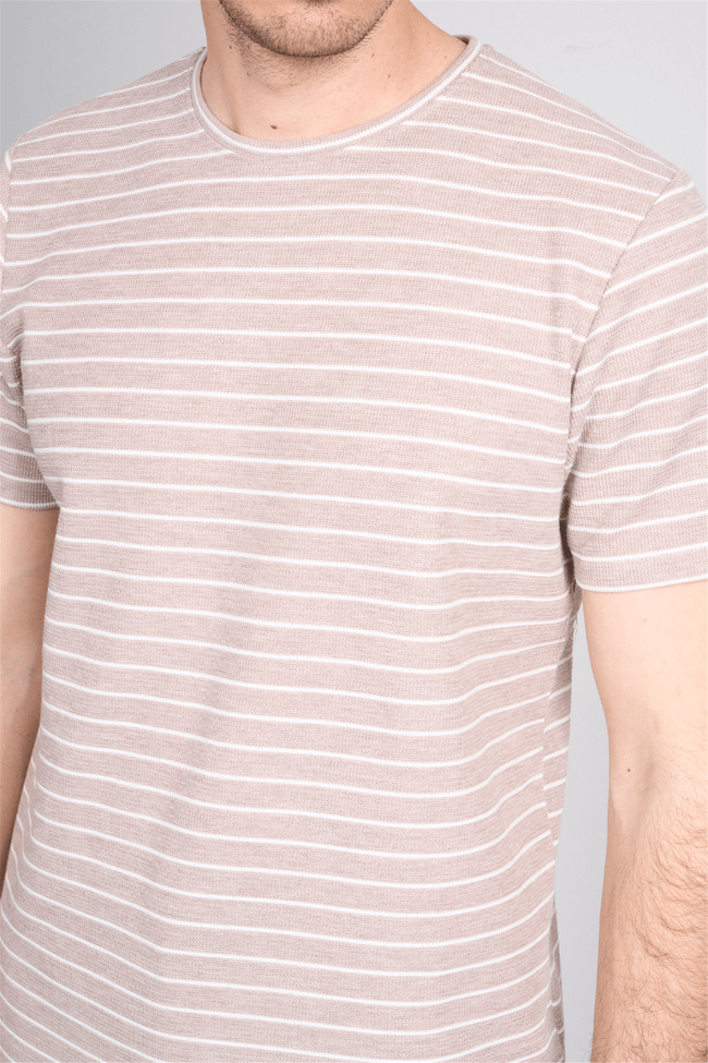 Çetinkaya Mentality 4540 Bisiklet Yaka Regular Çizgili T-shirt Bej