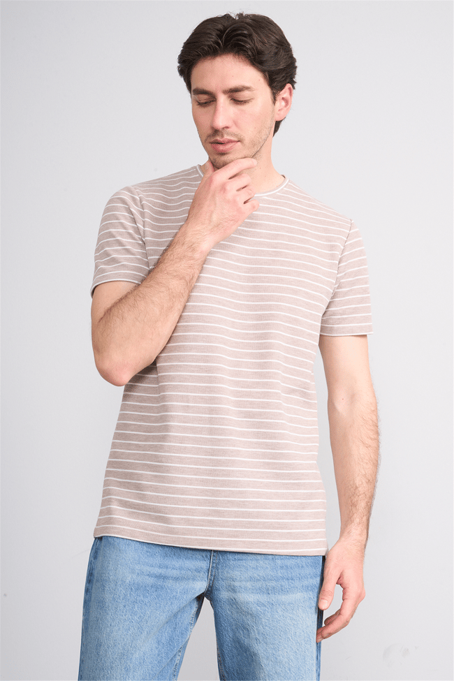 Çetinkaya Mentality 4540 Bisiklet Yaka Regular Çizgili T-shirt Bej