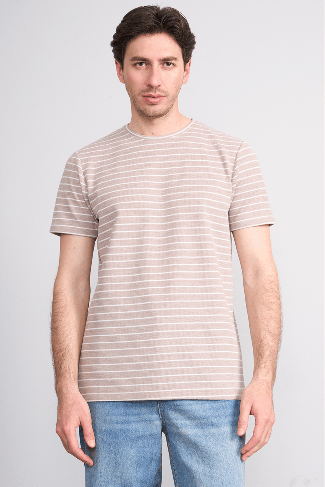 Çetinkaya Mentality 4540 Bisiklet Yaka Regular Çizgili T-shirt Bej