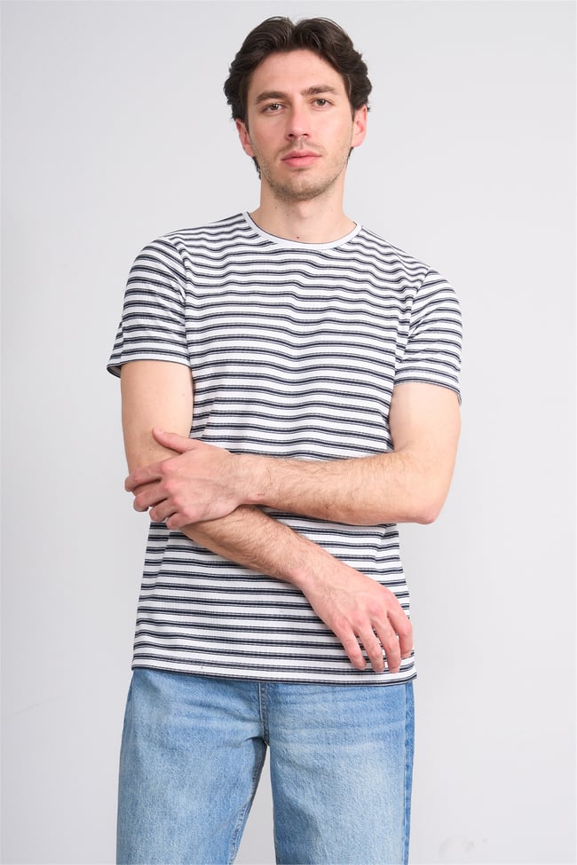 Çetinkaya Mentality 4541 Bisiklet Yaka Regular Çizgili T-shirt Beyaz